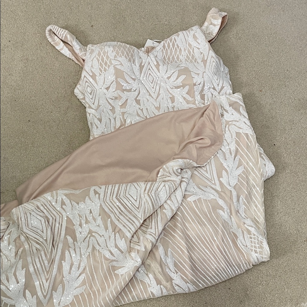 Elegant Beige and White sequined Embroidered Dress - Picture 7 of 7